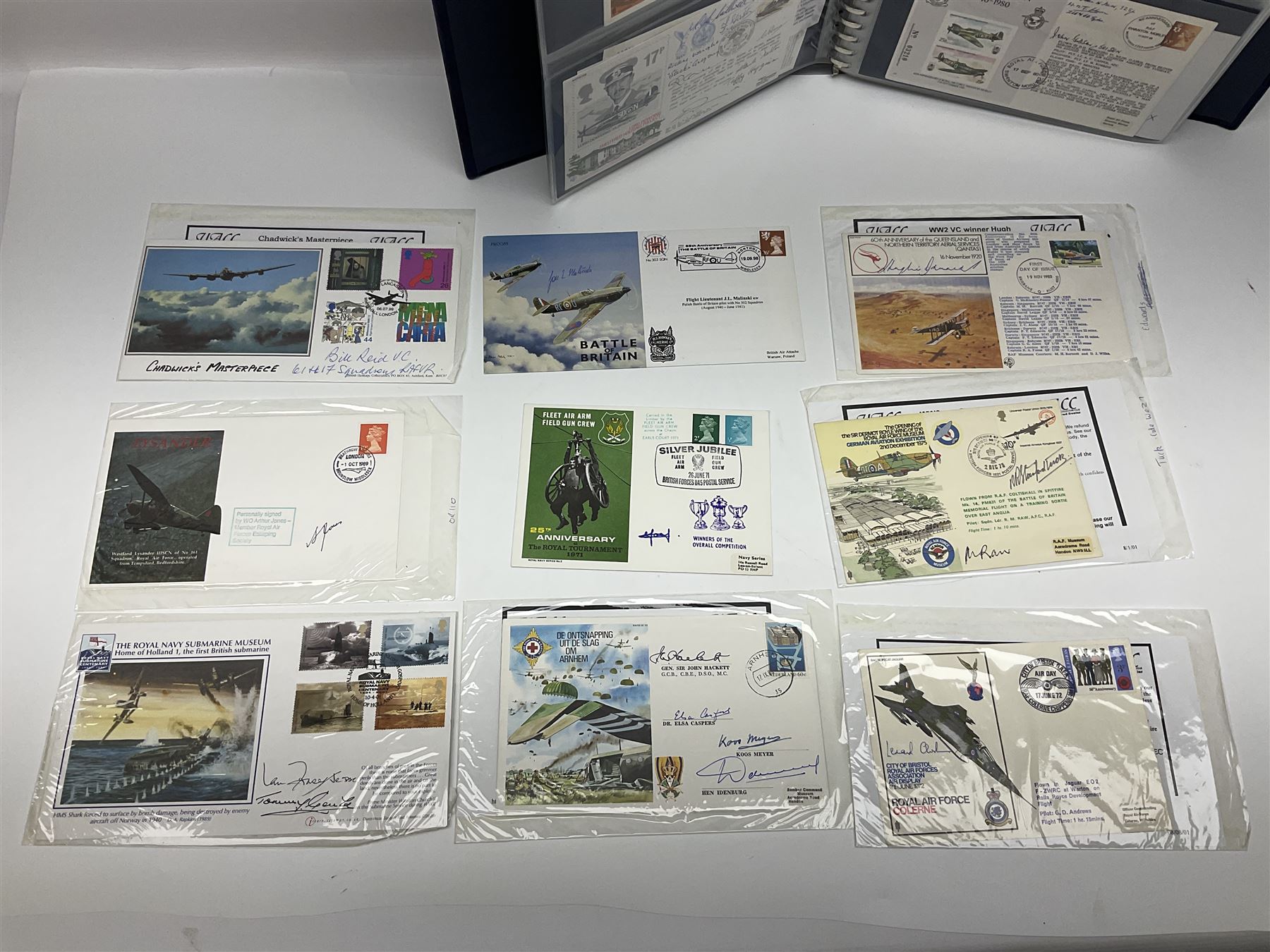 First Day Covers - approx. one hundred flying related and other military FDCs 1970s-2000s, mainly WW2 interest and bearing signatures; British, Channel Islands, Continental, Australia etc; signatures include Vera Lynn, J.H. Lacey, 'Johnnie' Johnson, Barnes Wallis, Bill Reid VC, various other gallantry medal winners, Dam Busters, Battle of Britain, Terence Otway, Leonard Cheshire, Stanford Tuck etc; loose and in a Benham album