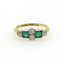  Art Deco emerald and diamond gold ring stamped 18ct PLAT  