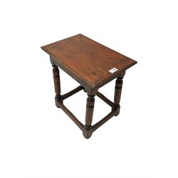 Oak coffin or joint stool, rectangular top with shaped edge over splayed turned supports with stretcher base 
