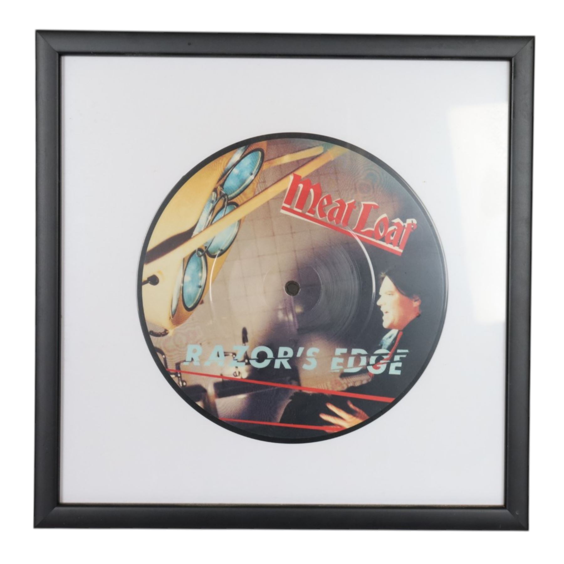 Seven framed record displays, including Meat Loaf 'Razor's Edge', Jim Steinman 'Bad For Good', Meat Loaf 'Bat Out of Hell' and 'I'd Do Anything For Love' gold coloured vinyls, David Bowie 'Life On Mars', Rod Stewart 'Sweet Surrender' and Rod Stewart 'Infatuation', largest H58cm