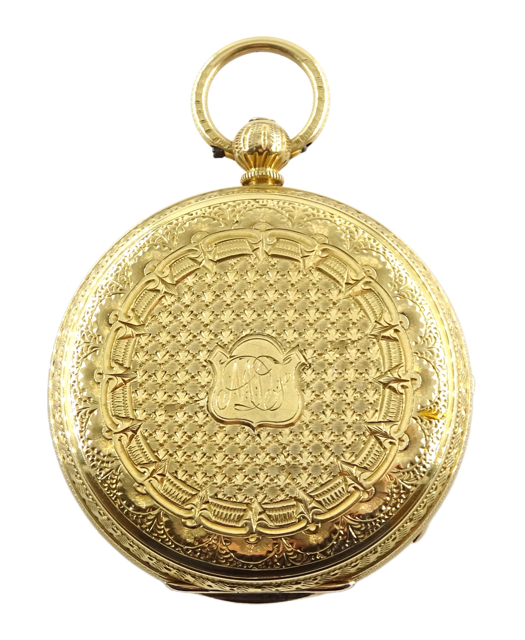 Victorian 18ct gold open face ladies key wound pocket watch by James Scott & Son, Kendal, No. 59876,  gilt dial with Roman numerals, Thomas R Russell & Co, Chester 1872
