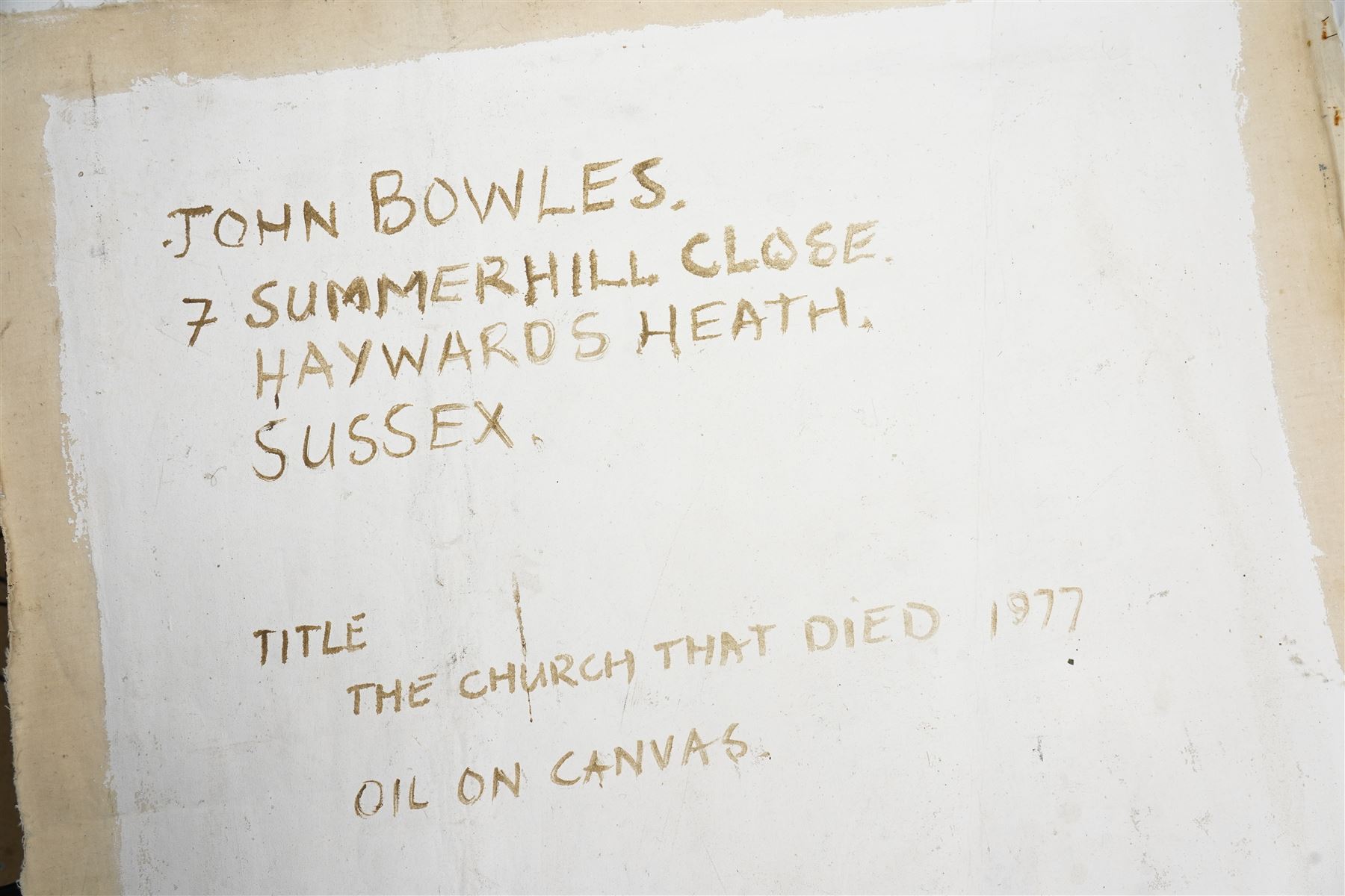 John Gilbey Bowles (British 1929-2011): 'The Church That Died', oil on unstretched canvas signed inscribed and dated 1977 verso 86cm x 76cm (unframed)