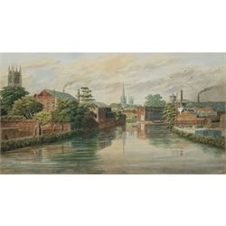 William Frederick Austin (British 1833-1899): 'The Old Silk Mill Derby' from the River Derwent, watercolour signed titled and indistinctly dated 22cm x 40cm