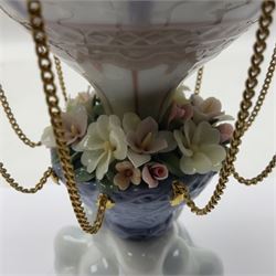 Lladro Flying High, modelled as a hot air balloon, with brass chains to suspended blossom filled basket, no 6523, with original box, H23cm