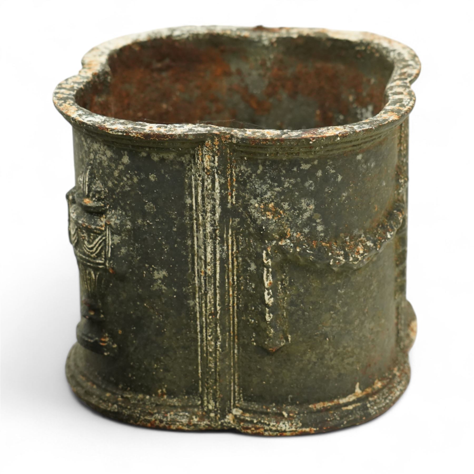 Matched pair of 20th-century cast iron neoclassical style planters, scalloped form with ornamental swag motifs in relief, one planter, probably later, 26cm wide x 22cm high, 29cm wide x 24cm high 