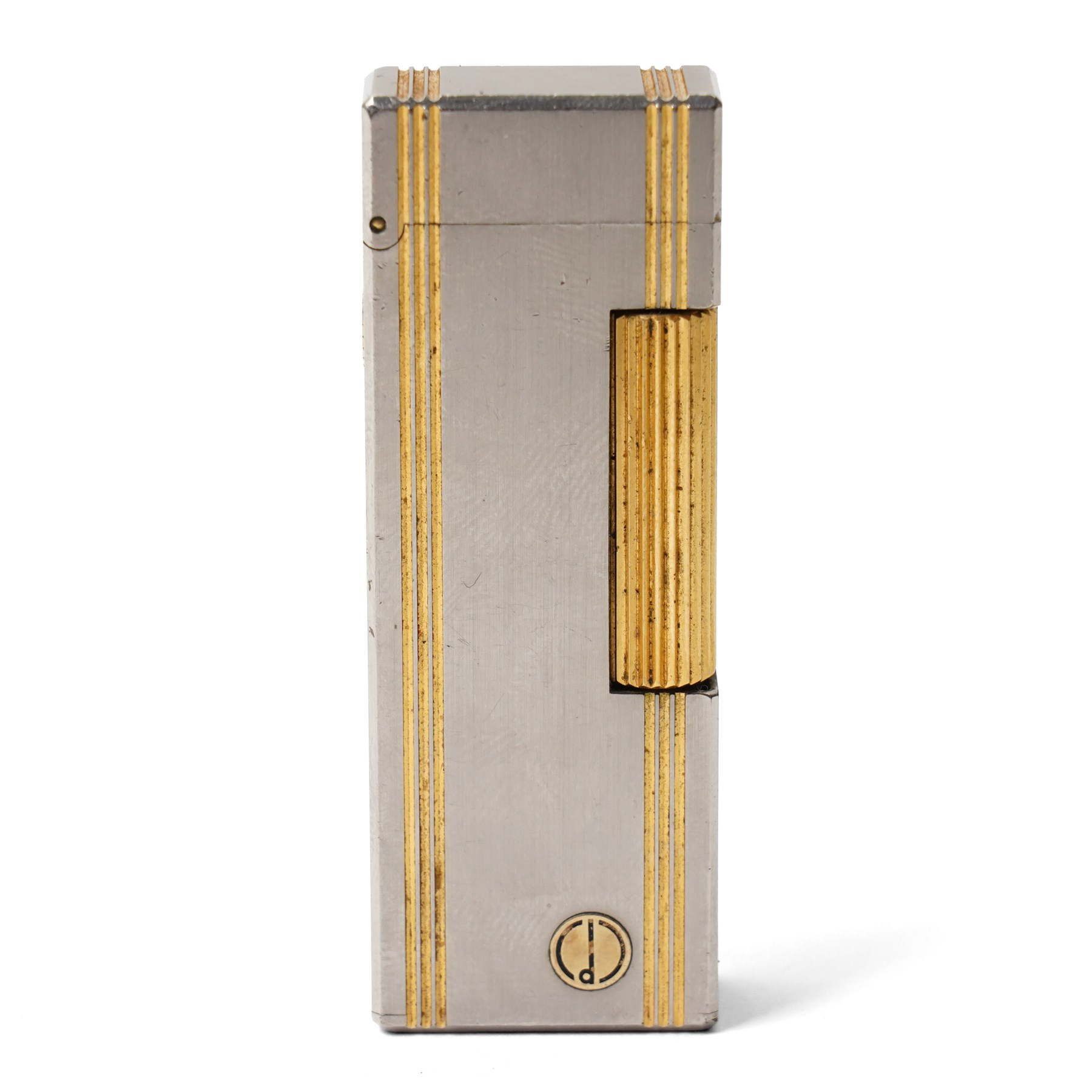 Dunhill - Rollagas lighter, silver-tone metal with gilt linear decoration and gilt ribbed thumbpiece, H6.5cm 