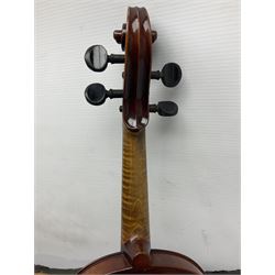 German trade violin 1950s with 36cm two-piece maple back and ribs and spruce top, bears label 'Johann Stainer in Absam prope Oenipontum 1650' L59cm; in carrying case with bow impressed Tourte