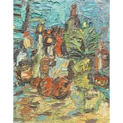 Barry De More (Yorkshire 1948-2023): Still Life of 'Pineapple' and Fruit, gouache oil and impasto on cardboard signed titled and dated 2017 verso 45cm x 35cm
Notes: Acclaimed as one of the North's greatest expressionist artists, Barry De More (1948-2023) used a heavy impasto style to transfer his love of Yorkshire landscapes, townscapes and people to canvas. His work sits comfortably in the company of work by Kossoff and Auerbach, selling to collectors in the UK and overseas. De More's work can be found in the permanent collection of work by Northern Artists at Dean Clough, one of the UK's largest contemporary art galleries.