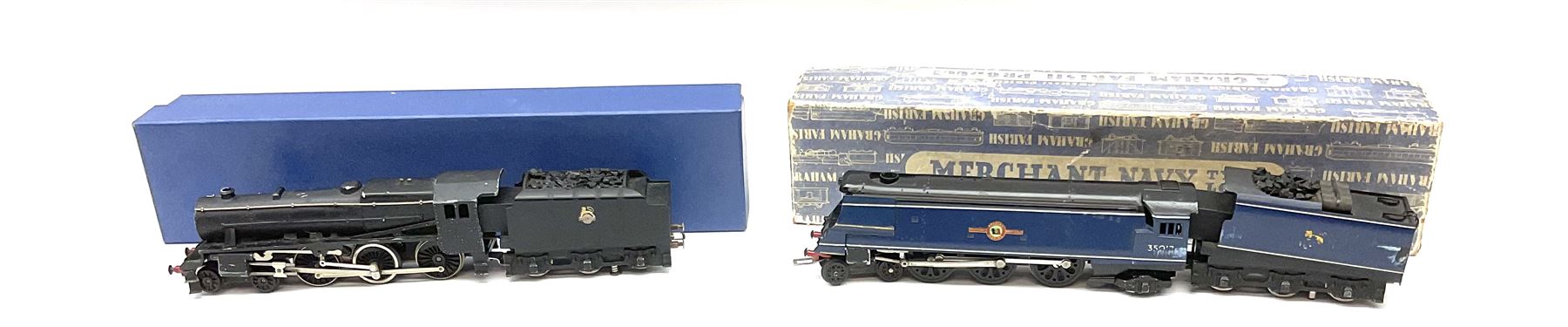 Graham Farish '00' gauge - 'GP5' Class 5MT (Black 5) 4-6-0 locomotive with tender, cast No.44753 in modern collector's plain blue box; and Bulleid Pacific (Merchant Navy Class) 4-6-2 locomotive 'Belgian Marine' with tender in BR blue No.35017 for spares or repair, in original box with GF user's letter and spares price list etc (2)