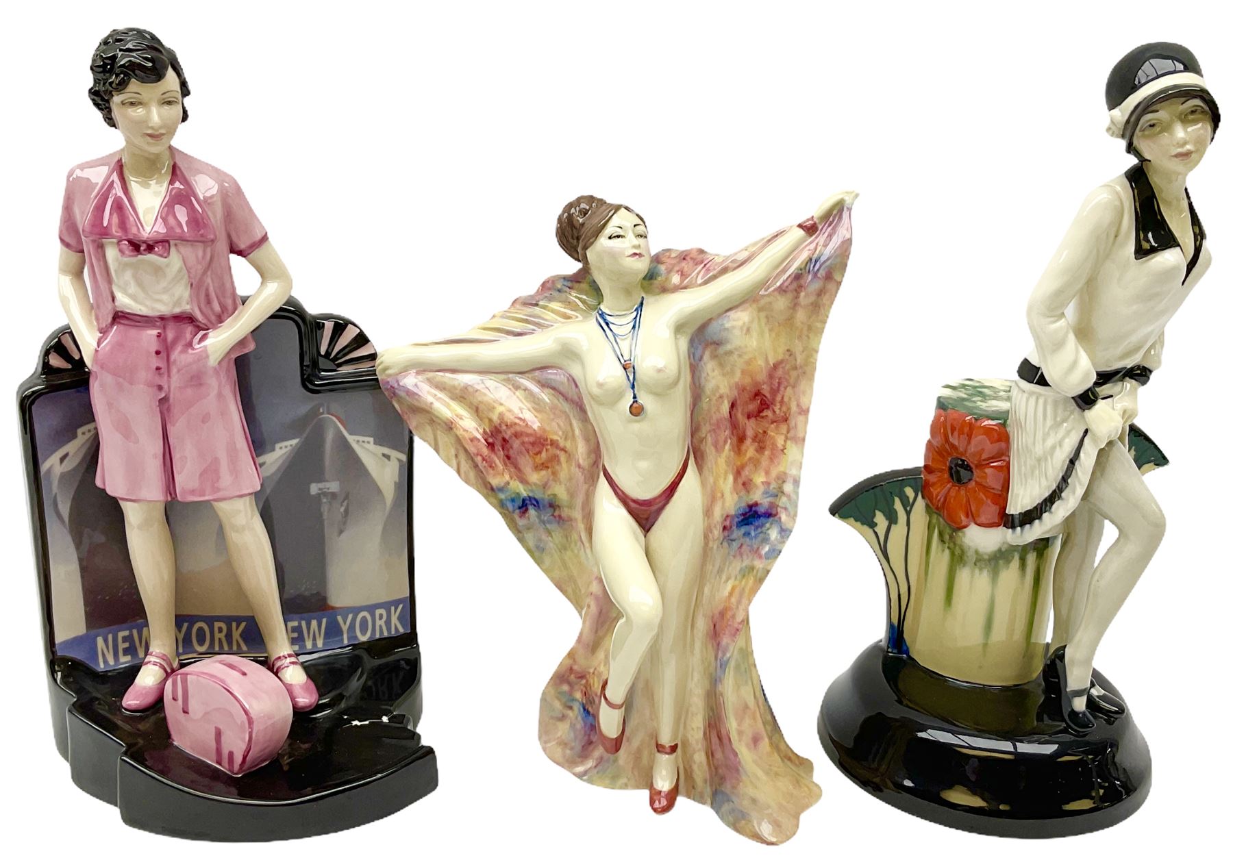 Three Kevin Francis figures produced by Peggy Davies ceramics, Clarice Cliff Centenary Figure H27cm, Tallulah Bankhead H26cm and Chantella H21cm. 