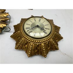 Two Smiths Sectric gilt sunburst wall clocks together Metamec Dereham wooden mantel clock, largest wall clock D35cm