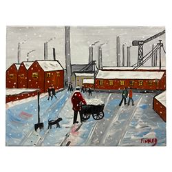 William Findley Burns (Northern British 1949-): The Pit Workers, oil on canvas signed 30cm x 40cm (unframed)