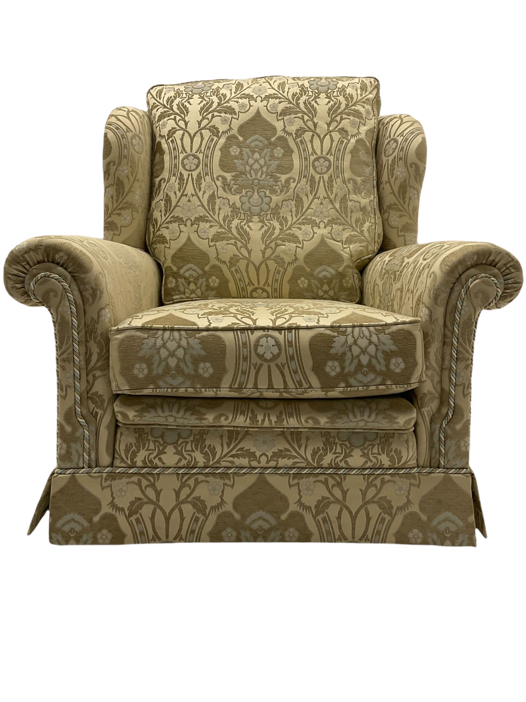 Steed Kedleston three seat sofa, and matching wing back armchair, upholstered in pale gold fabric