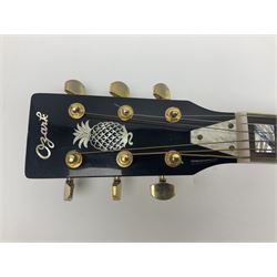 Ozark metal cased resonator guitar with all over chased foliate decoration to the polished finish and mother-of-pearl inlay to the fretboard L100cm; in Stagg hard carrying case