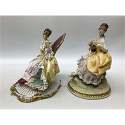 Two Capodimonte figures, the first example modelled as girl with dresen lace on her skirt holding a flower, the second example modeled as  girl with mirror, with Dresden lace on her dress