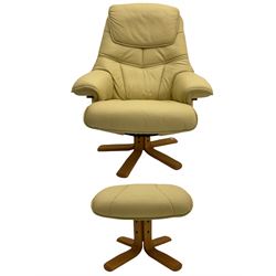 Reclining armchair upholstered in cream leather with stool 