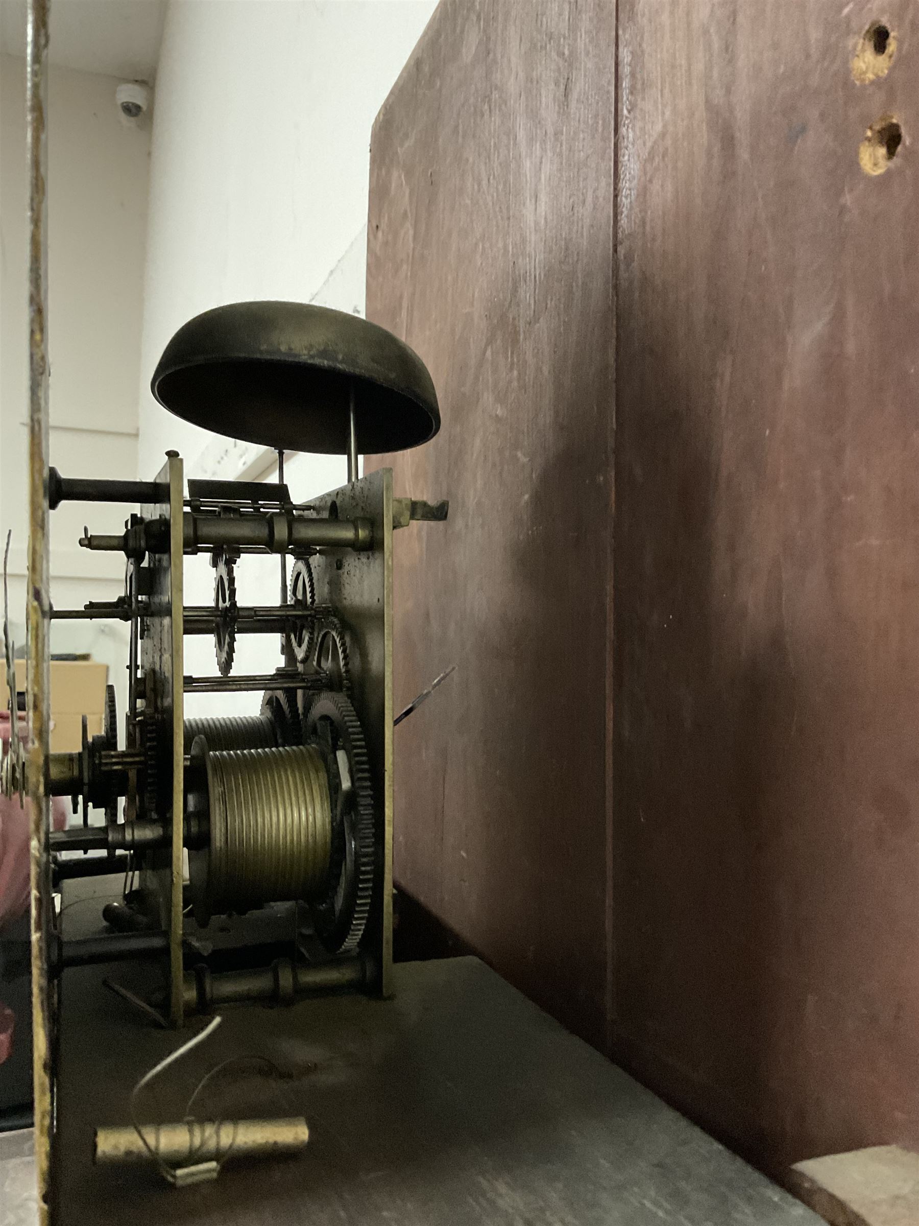 Francis Allison & Co. Finkle Street Richmond - late 19th century 8-day mahogany veneered longcase clock, with a swan’s neck pediment and break-arch hood door flanked by ring turned pillars, broad trunk with cushion moulding and recessed half-pillars to the sides, short trunk door with carved cresting to the top, rectangular plinth with conforming side pillars, fully painted 13” dial with matching brass hands, Roman numerals, minute track, subsidiary seconds and date dials, diagonally matched painted  spandrels and a depiction of a seated shepherd to the break arch, dial pinned directly to an eight-day rack striking movement, striking the hours on a bell. With weights and pendulum. 