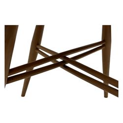 Lucian Ercolani for Ercol - set of six 'Shalstone dining chairs, curved top rail and spindle back with criss-cross design, solid seat raised on tapering supports, united by matching criss-cross stretchers