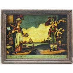 'Europe and Asia', George III allegorical reverse print on glass, early 19th century 26cm x 35cm; 'Friendship' & 'Contentment', pair early 19th century Bartolozzi engravings  (3)
