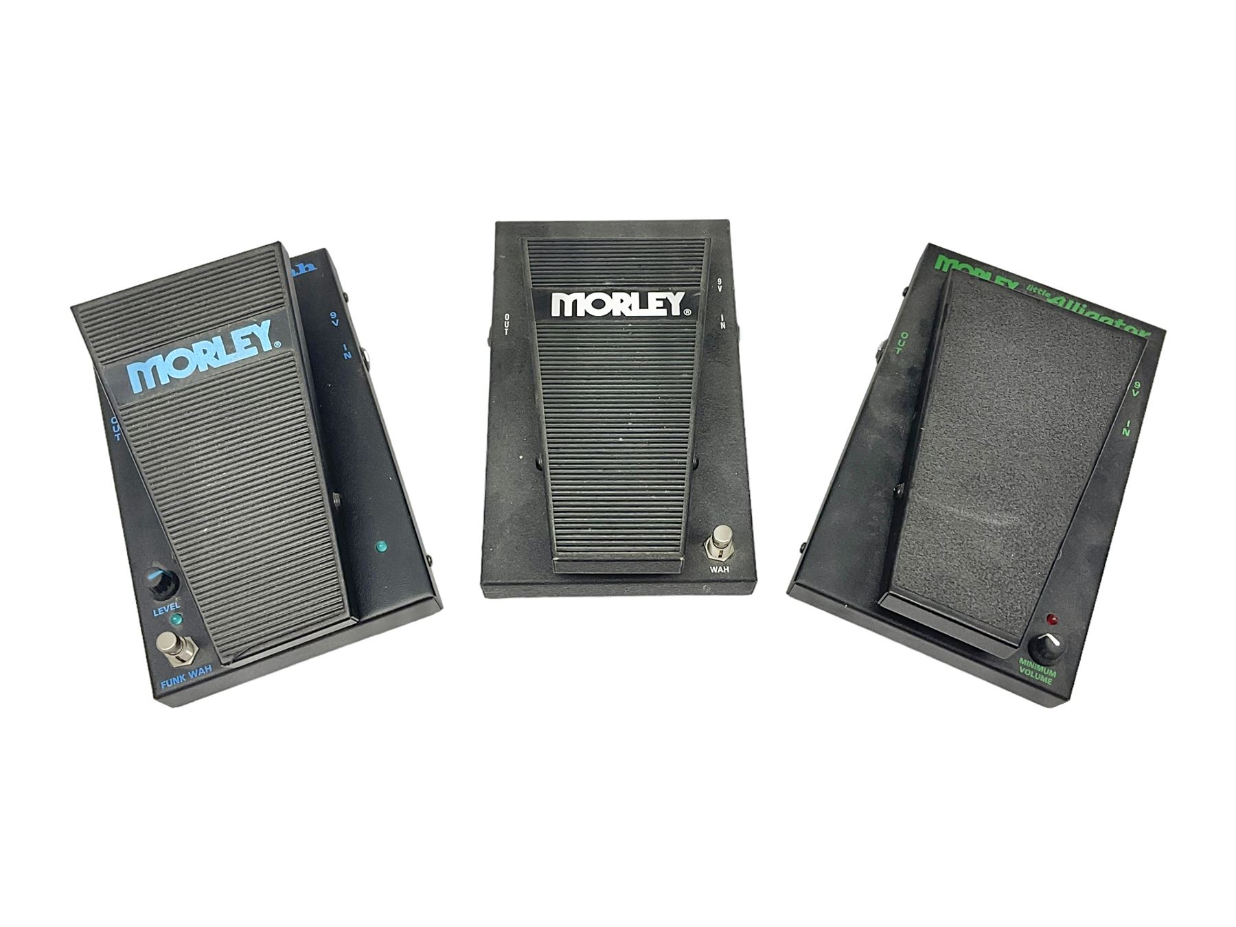 Three Morley guitar effects pedals, including The Little Alligator Volume serial no 195408 and Dual Bass Wah model PBA-2