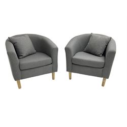 Pair small tub chairs, upholstered in graphite grey fabric and raised on tapered feet