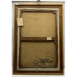 Thomas Francis Barrett AMC FRSA (British 20th century): 'Faith', oil on canvas signed and dated 1966, titled verso with artist's addresses 106cm x 71cm in Pre-Raphaelite style hand-tooled gilt gesso frame
Provenance: Royal Academy Exhibition 1968, label verso 