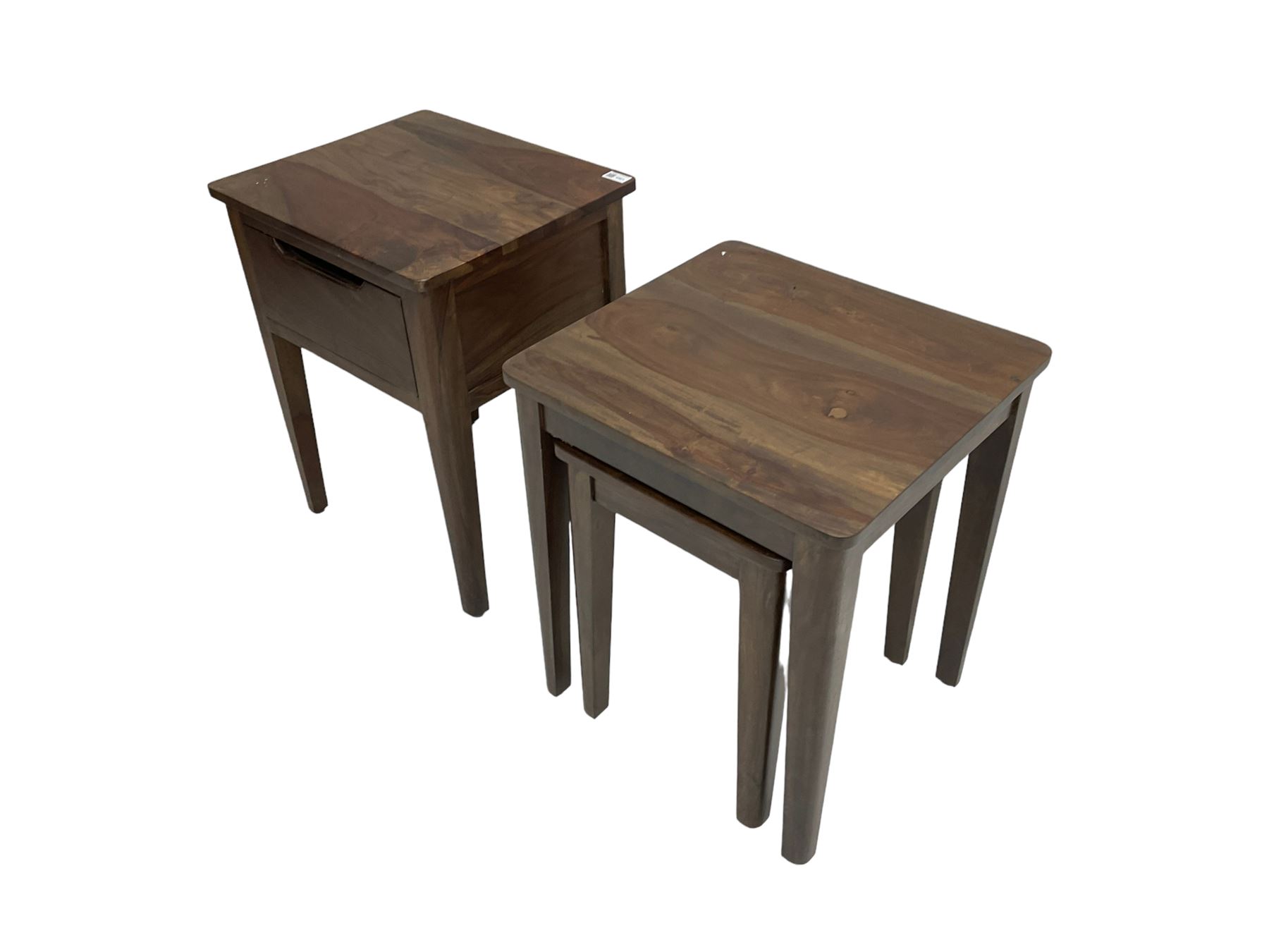 Hardwood side table, fitted with single drawer (W45cm D40cm H60); and matching nest of two tables (W46cm D43cm H55cm)