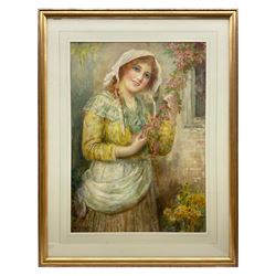 William Joseph Carroll (British late 19th century/early 20th century): Country Girl Holding Blossom, watercolour signed 60cm x 43cm