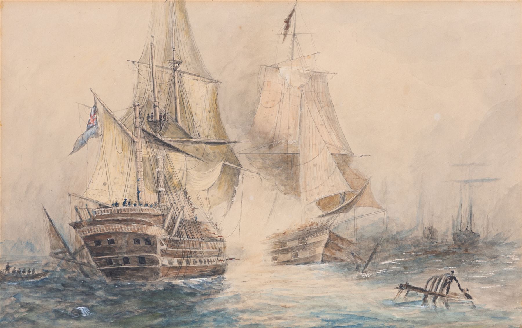 English School (Early 20th century): British Man o War in Battle, watercolour unsigned 23cm x 37cm 