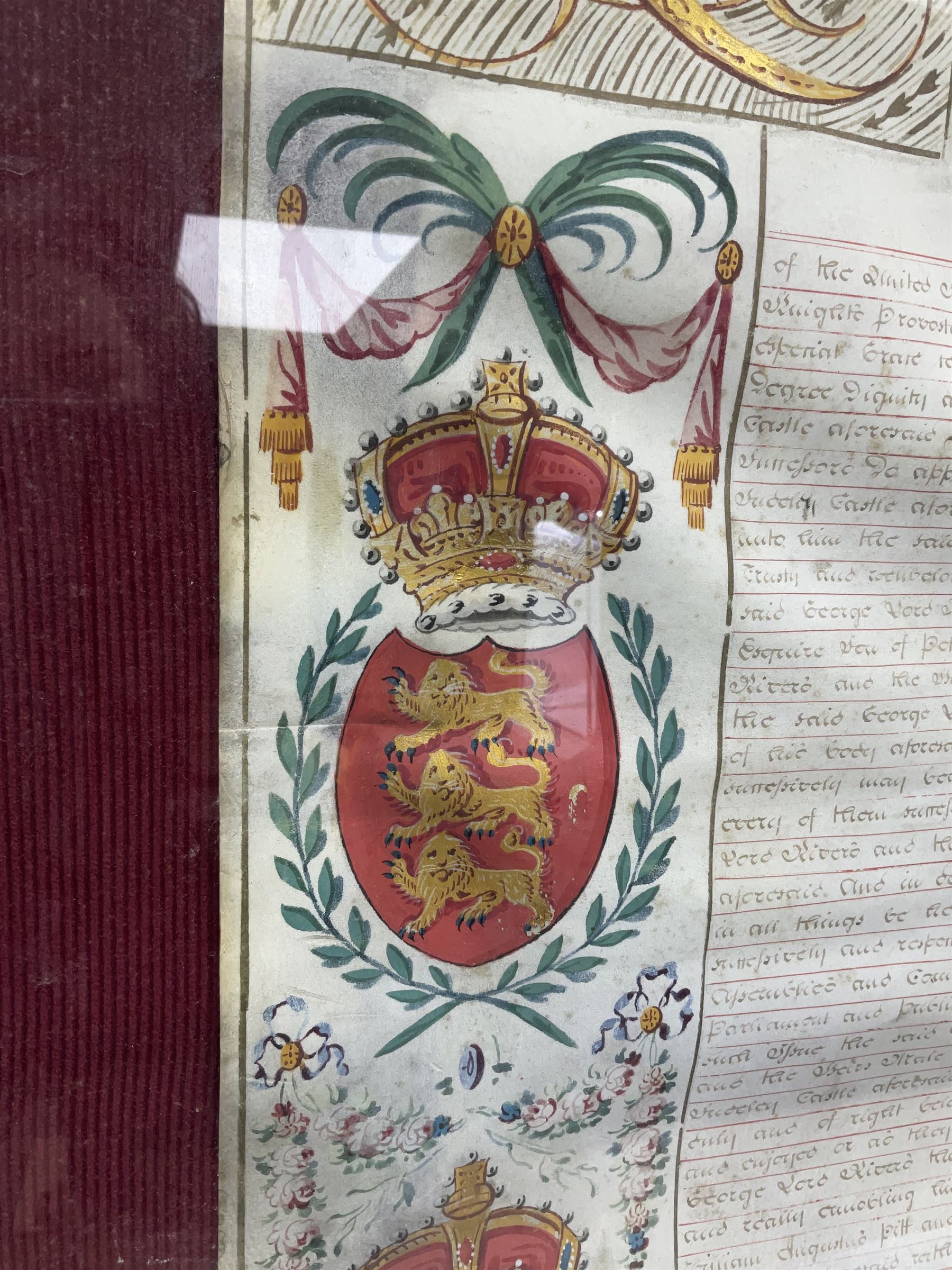 Large 18th century framed and glazed Indenture for King George III to George Rivers, Lord Rivers of Straths Saye, including frame H92.5cm L107.5cm