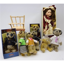 Seven official Meerkat soft toys with certificates (two boxed), pink painted Tri-ang doll's wooden high chair, Atlas Editions plush covered teddy bear and modern boxed bisque head doll  