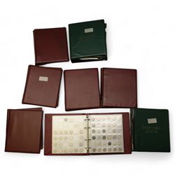 Mostly Great British coins, including various pre 1920 silver three pence pieces, pre 1947 silver sixpences and one shillings, pre-decimal coinage, commemorative crowns, unofficial year sets and part sets etc, housed in eight folders