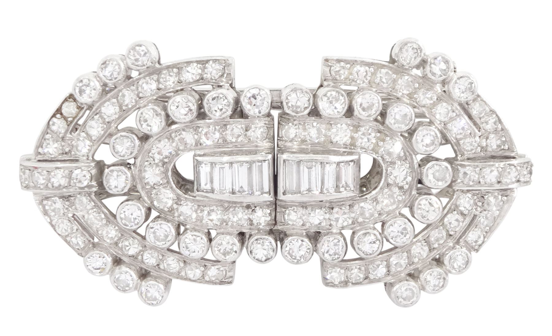 Early - mid 20th century platinum diamond brooch / hair clips, each clip set with round and baguette cut diamonds, in an openwork setting, joined by a 9ct white gold detachable brooch, total diamond weight approx 2.35 carat