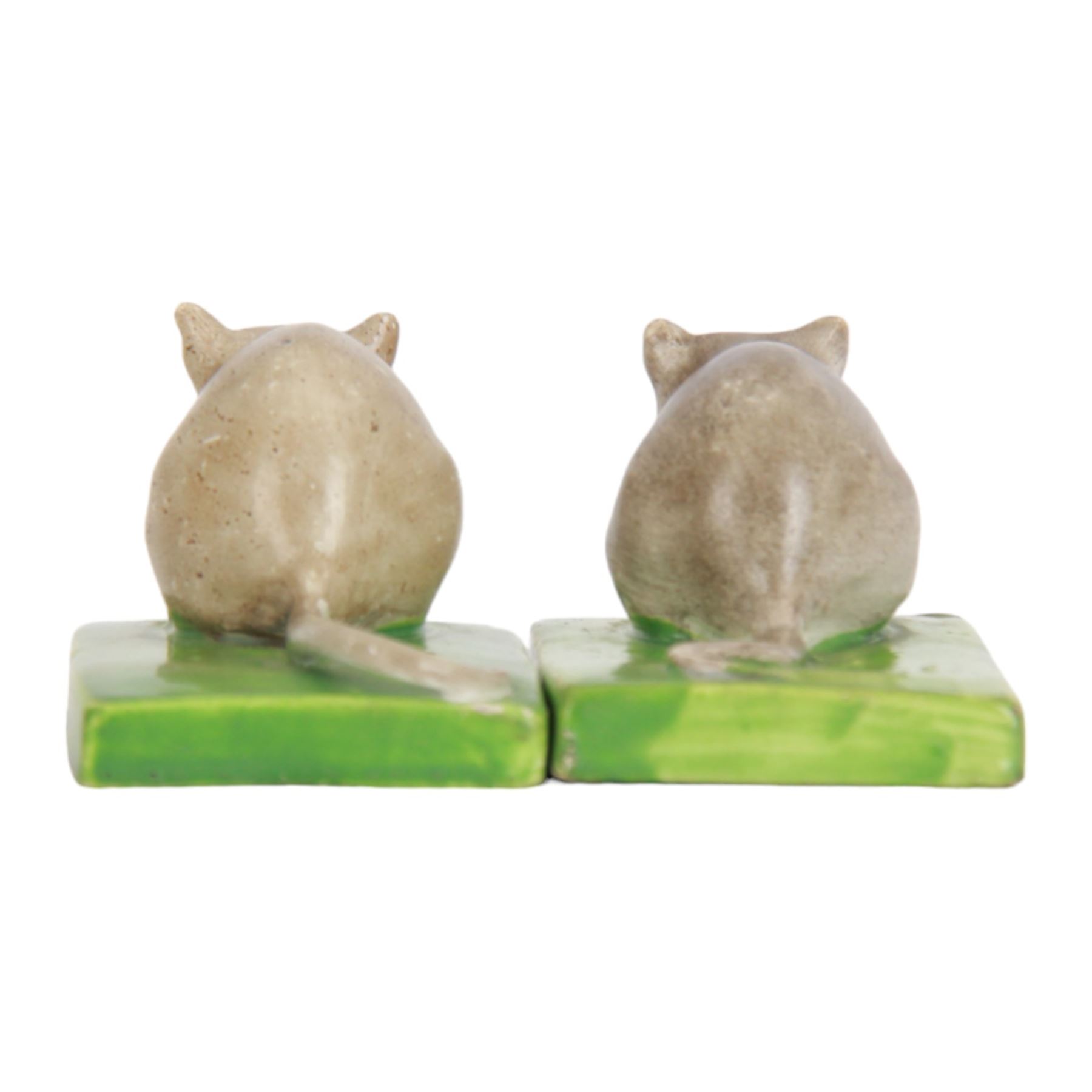 Pair of rare early 19th century Staffordshire pottery figures, circa 1820, modelled as mice resting upon green rectangular bases, H3.5cm L9cm

Footnote: Figures such as these are very rare, few examples have survived and are thought to have been played with as toys
