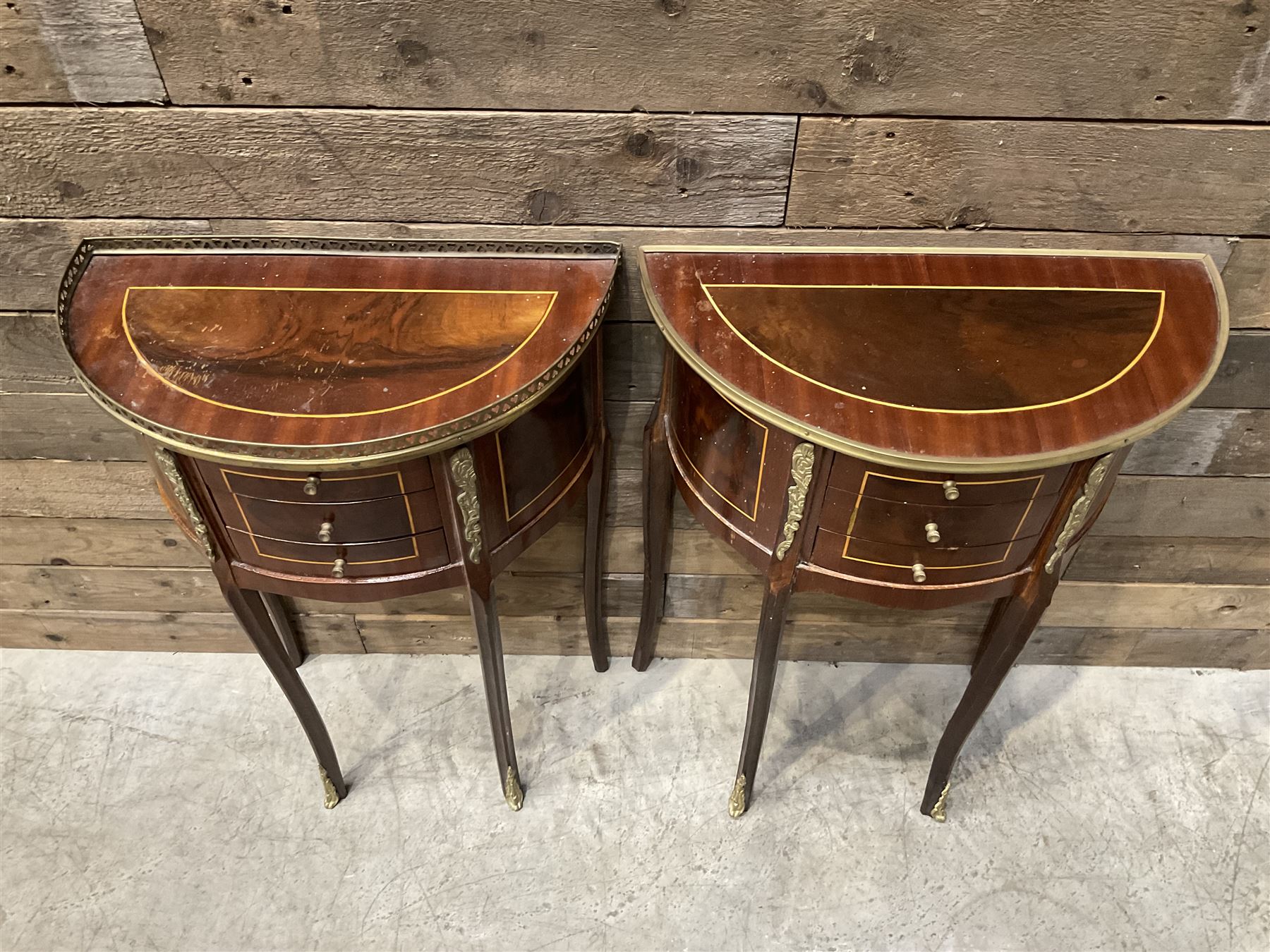 Pair French Louis XVI design demi lune side table, three drawers, on shaped cabriole legs