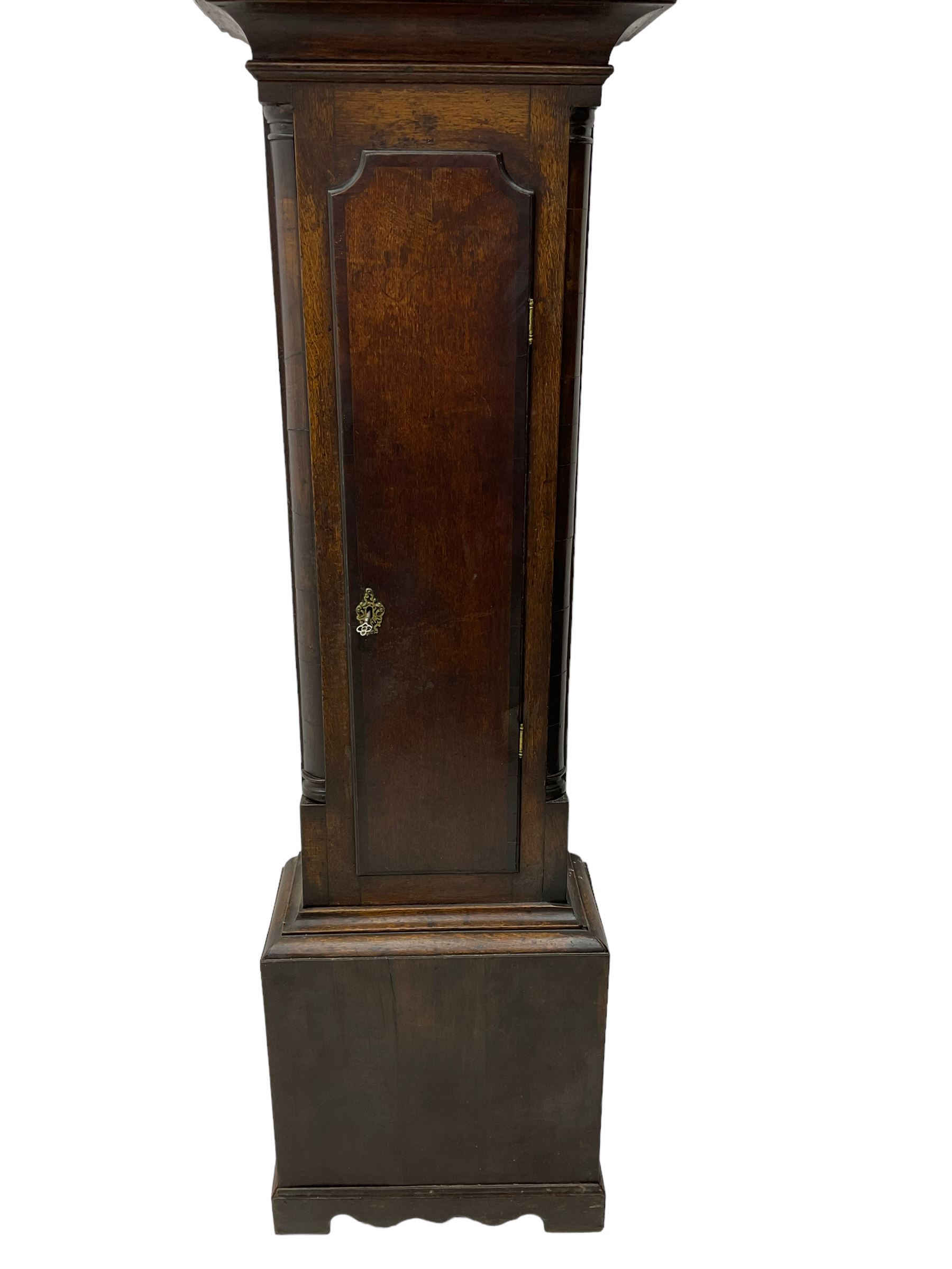 William Lister (II) of Keighley – 8-day 18th century oak cased longcase clock c1760, hood with a break front flat topped pediment and eglomise  frieze beneath, square hood door flanked by matching pilasters with gesso capitals, trunk with quarter columns and long trunk door with a flat top and convex shoulders, square plinth with a decorative skirting, 12” brass dial with rococo spandrels, engraved dial center, silvered chapter with Roman numerals, five minute Arabic’s, half hour markers and minute track, semi-circular apertures with engraved calendar and moon phase/lunar age discs, original blue steel fretted hands, four pillar rack striking movement with a recoil anchor escapement, striking the hours on a bell. With pendulum, weights and key.
The Lister family were a prolific family of clockmakers working in the West Riding of Yorkshire during the 18th century. Working in various locations including Halifax, Keighley and Luddenden.
William Lister (I) is recorded as working in Keighley from 1715-37 and his son William (II) from 1735-1785.
