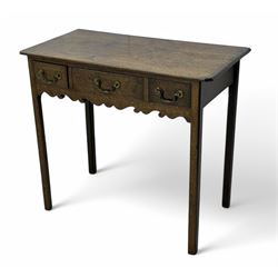 18th century oak lowboy, rectangular moulded top over three frieze drawers with brass swin...