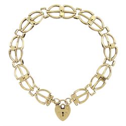 9ct gold fancy link bracelet, with heart locket clasp, stamped 375