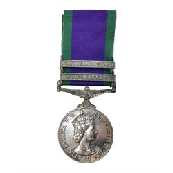 Elizabeth II General Service Medal with two clasps for Northern Ireland and South Arabia awarded to 24033958 Pte. J. Grimes KOYLI; with ribbon