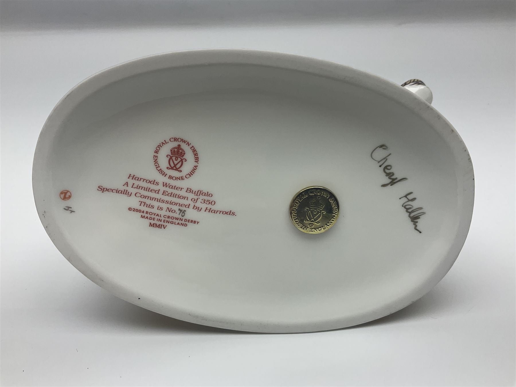 Royal Crown Derby paperweight, Harrods Water Buffalo, limited edition 75/350, with gold stopper and printed mark beneath, with certificate and original box
