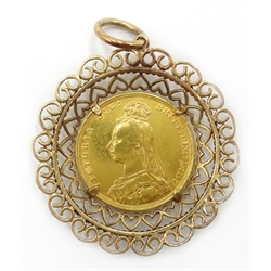  1889 gold sovereign, loose mounted in 9ct gold (tested) fancy pendant, approx 12.3gm  