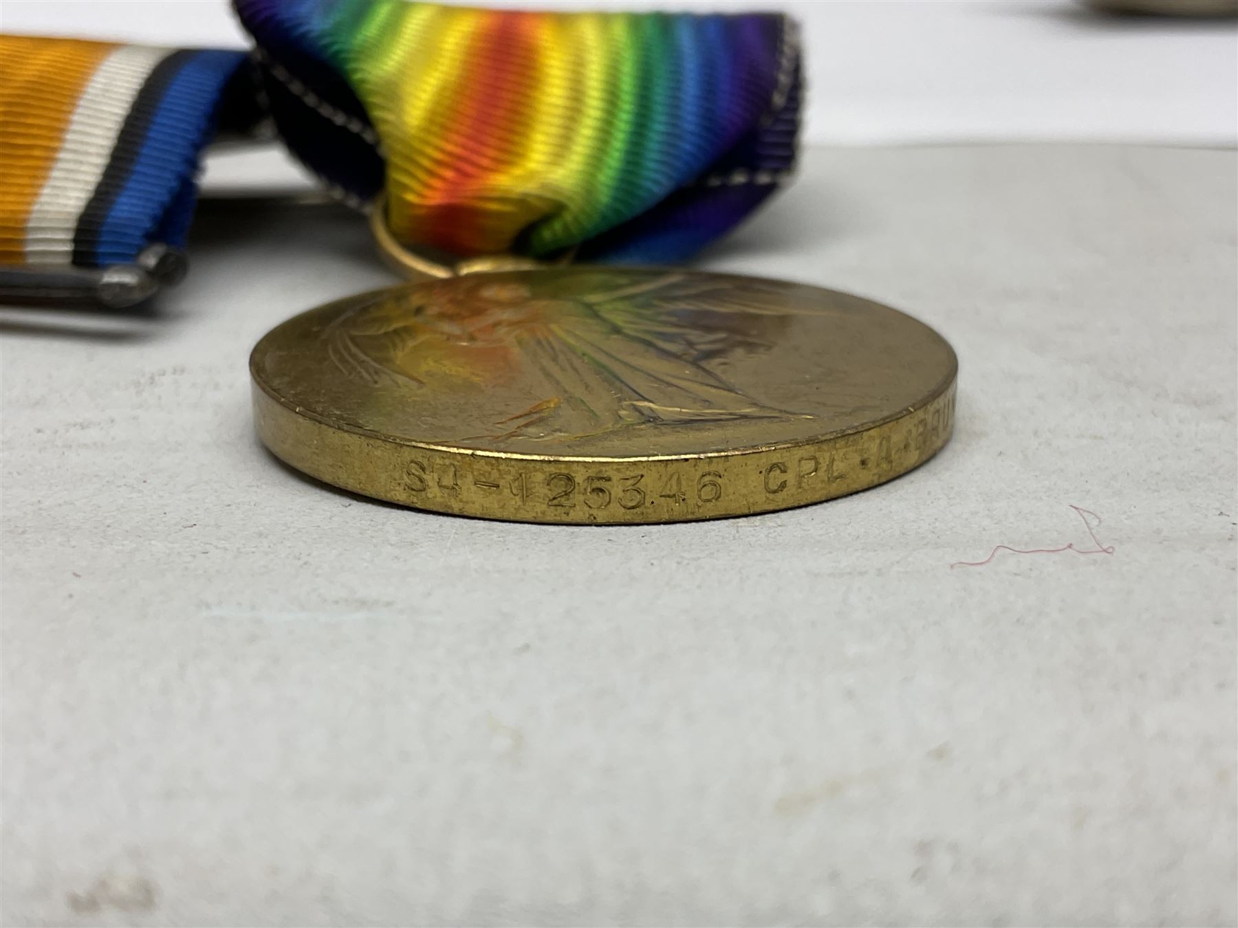 WW2 Soviet Union Order of the Red Star, engraved number verso 3504186; and WW1 pair of medals comprising British War Medal and Victory Medal awarded to S4-125346 Cpl. A. Brunt A.S.C. with ribbons and ribbon bar