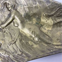 Bergman Art Nouveau bronze dish, of naturalistic shell form upon four shell feet, the centre decorated in relief with a mermaid amongst fish and sea horses, with Bergman mark and impressed Geschutzt 5070 beneath, L36cm