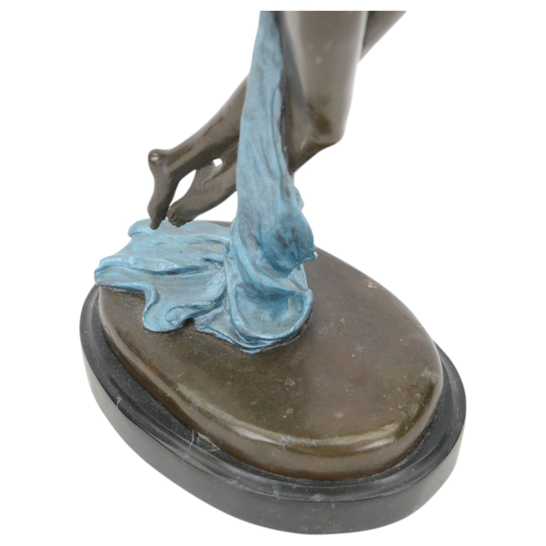 After Joseph Pollet, bronze figure of a nude woman, upon an oval black marble effect plinth, H47cm