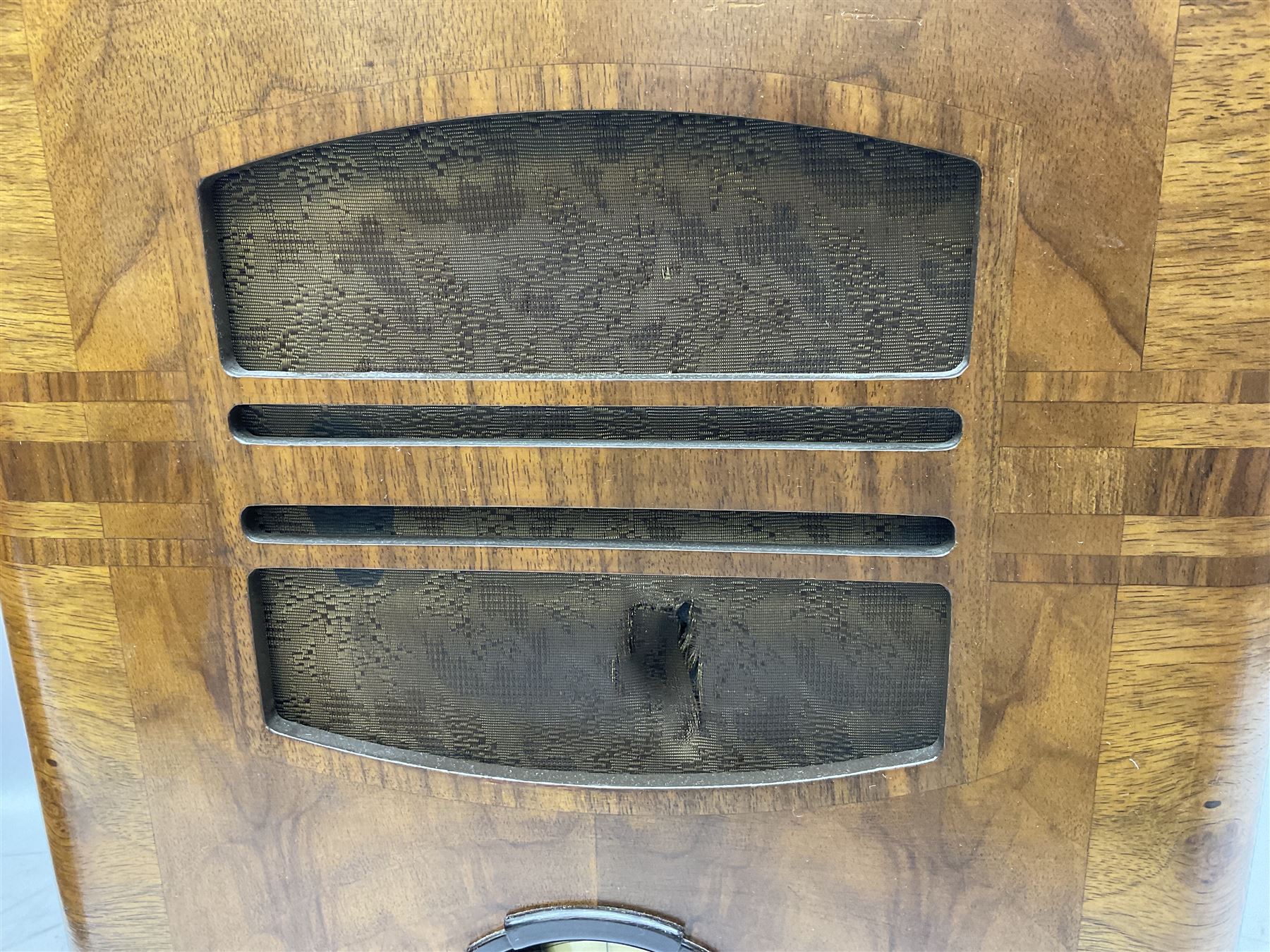 1950s Bush AC41 mahogany cased valve radio, 1930s Philips 588A with walnut veneer case, and 1940s Cossor Model 77, tallest H47cm W36cm D24cm