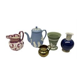 Group of ceramics, comprising Wedgwood blue jasperware teapot, and sage vase, each with impressed marks beneath including Made in England, Royal Copenhagen vase, Grays Pottery jug, and Wedgwood of Etruria & Barlaston  pink lustre jug, in one box 