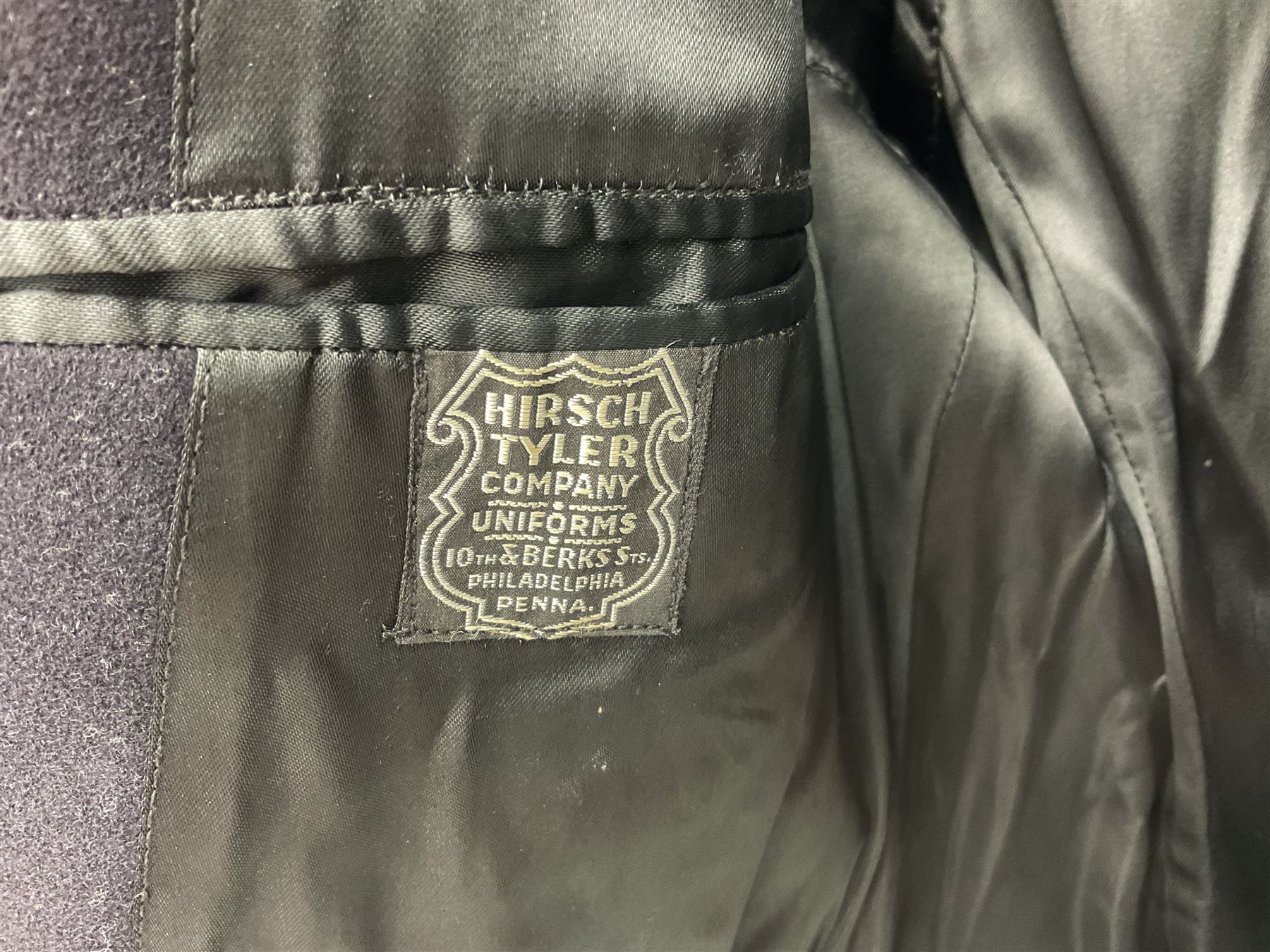 WW2 French Naval Officer's greatcoat; bears label 'Hirsch Tyler Company Uniforms 10th & Berks Sts Philadelphia Penna.'