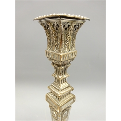  Pair Victorian Sheffield plate candlesticks with pierced scroll work, tapered stem decorated with ribbon tie swags on a beaded scroll square bases, H30cm (2)  