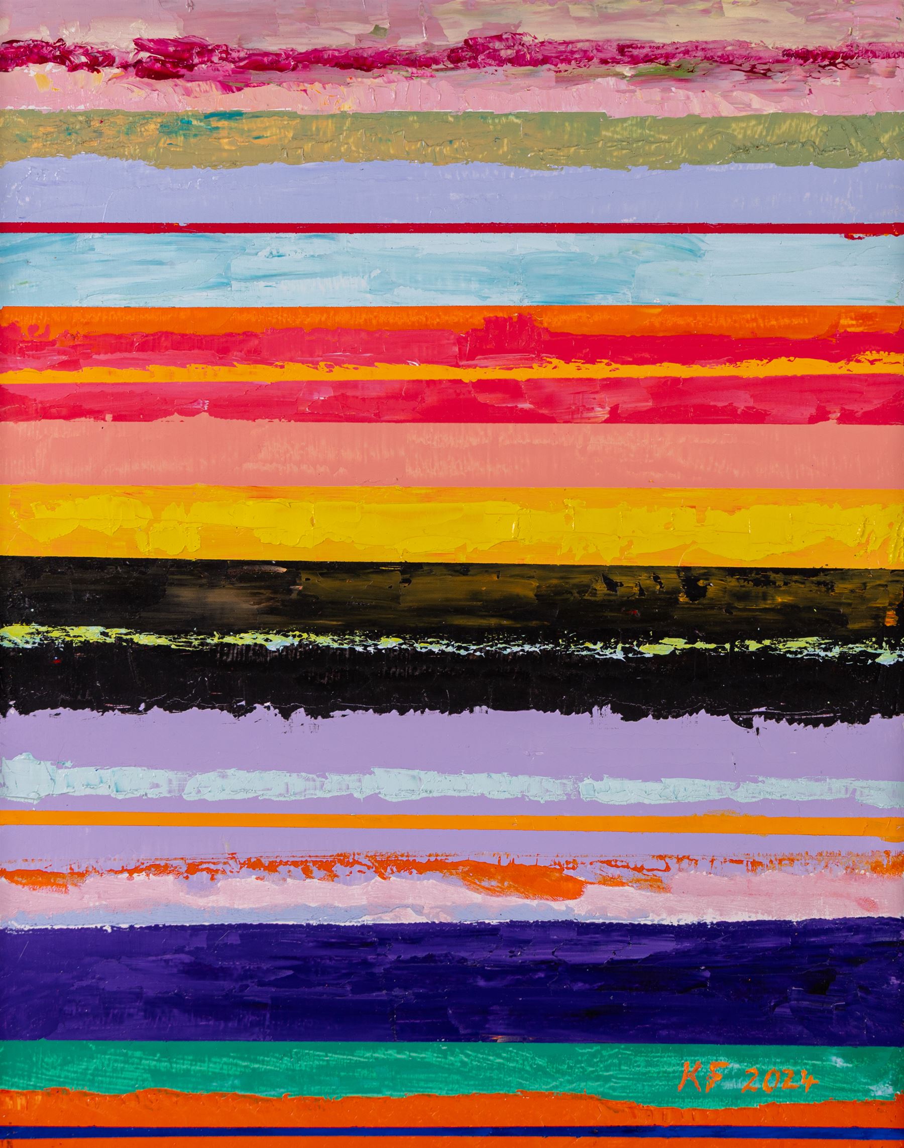 Kieron Farrow (British 1949-): 'Horizon', three oils on board signed and dated 2024, two of the same size, one slightly larger, 41cm x 30cm (3)