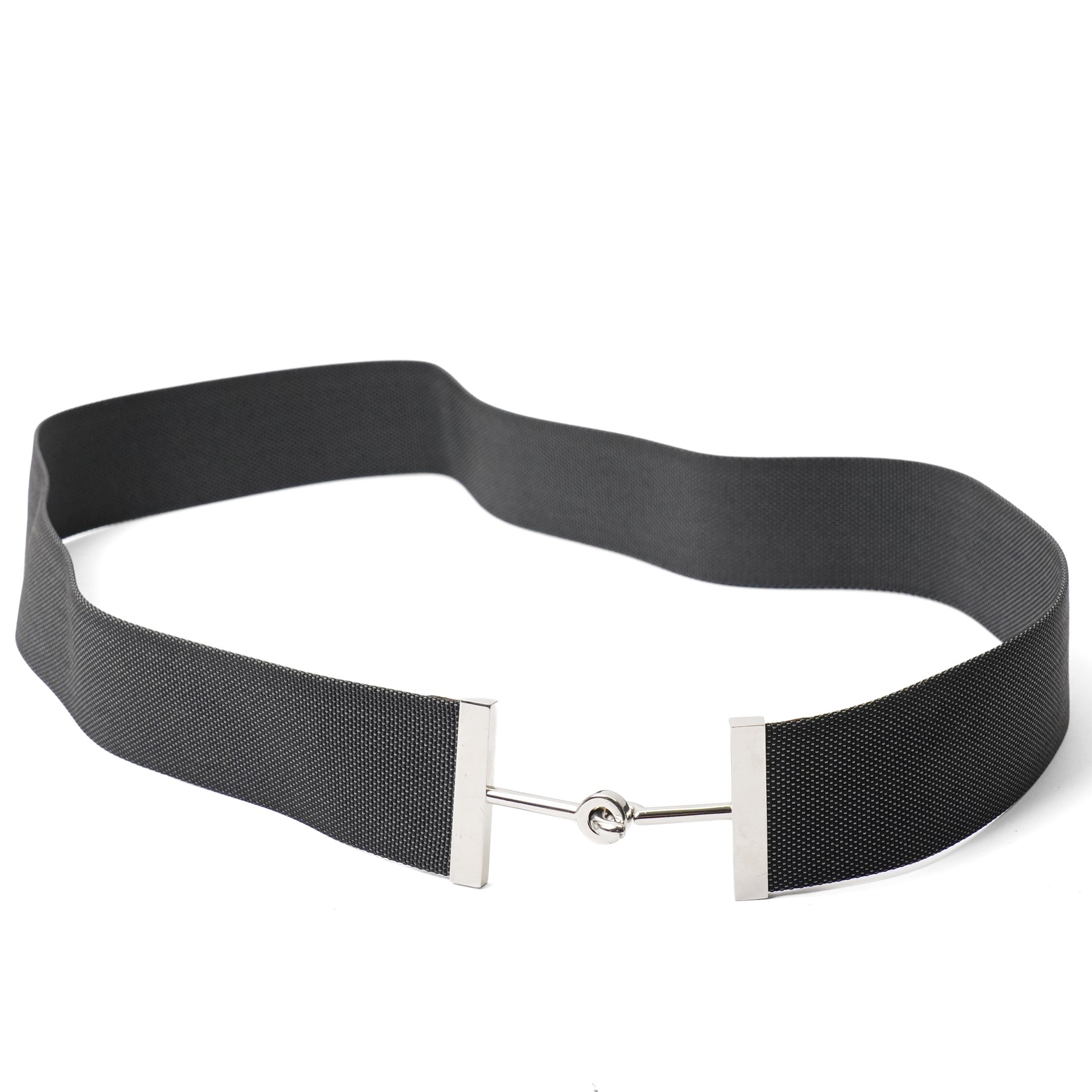 Hermès - black woven canvas and leather belt, with palladium-plated hardware and leather tab stamped Hermès Paris Made in France, size 42, with dust bag